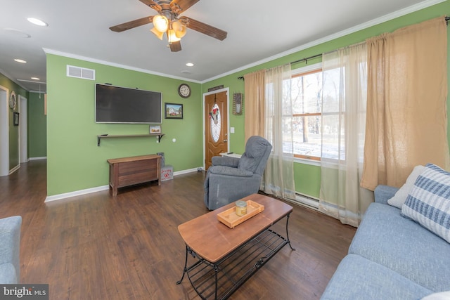 living room with ceiling fan, dark wood-type flooring, and ornamental molding