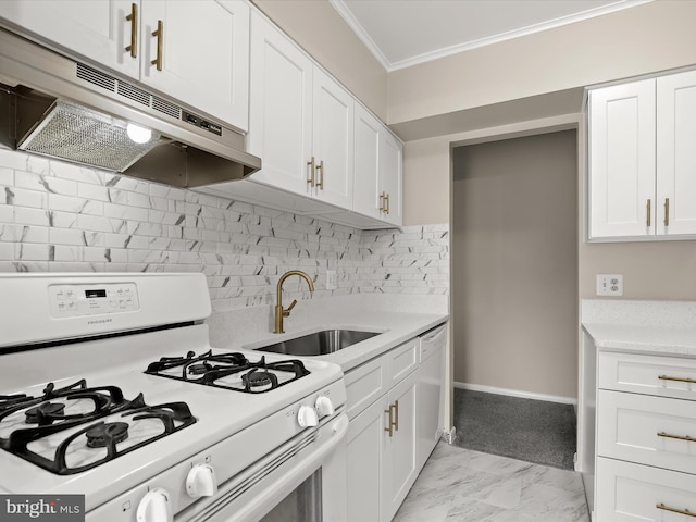 kitchen with white cabinetry, crown molding, sink, and white appliances