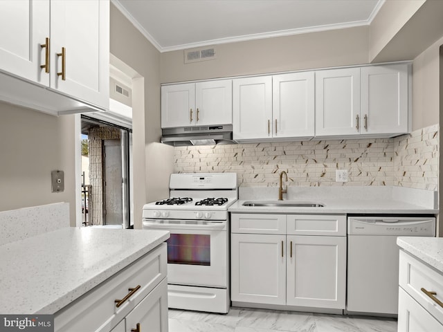 kitchen with dishwasher, white cabinets, sink, gas range, and light stone counters