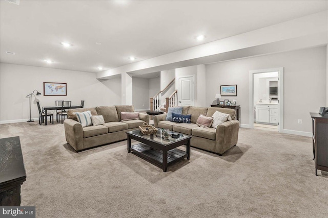 living room with light carpet