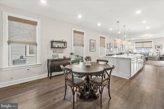 dining space featuring dark hardwood / wood-style flooring and sink