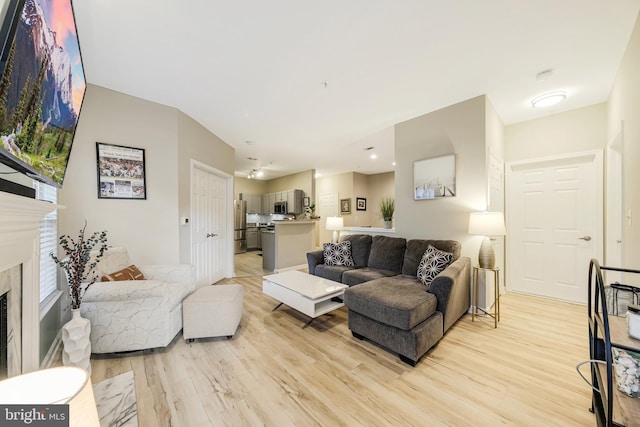 living room with a high end fireplace and light hardwood / wood-style floors