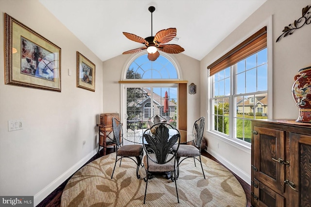 dining space featuring ceiling fan, lofted ceiling, and hardwood / wood-style floors