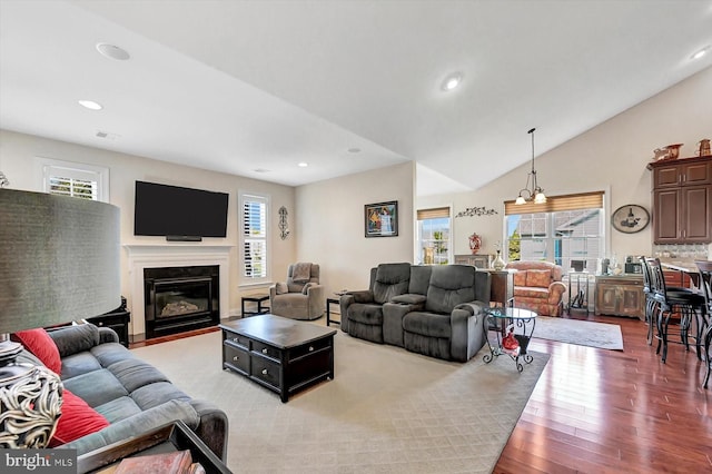 living room featuring wood-type flooring and vaulted ceiling