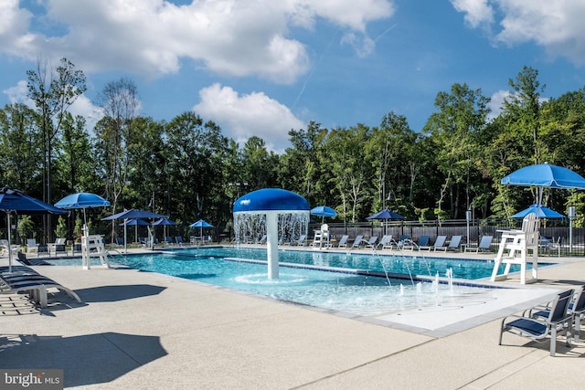 view of pool with pool water feature and a patio area