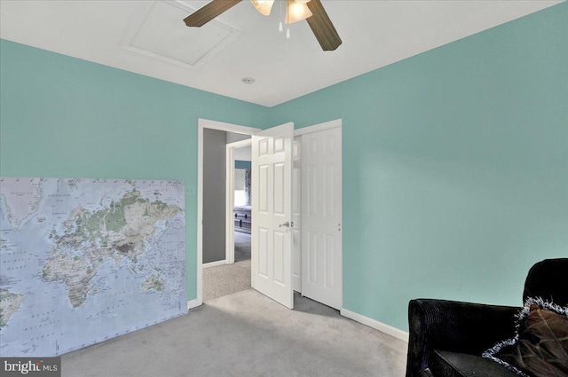 carpeted bedroom with ceiling fan