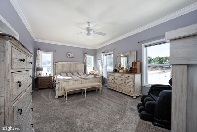 carpeted bedroom with ceiling fan and ornamental molding