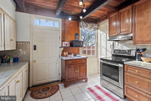 kitchen featuring beamed ceiling, stainless steel electric range oven, backsplash, and wood ceiling