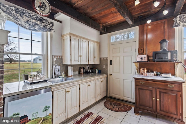 kitchen with decorative backsplash, sink, beam ceiling, light tile patterned floors, and wooden ceiling