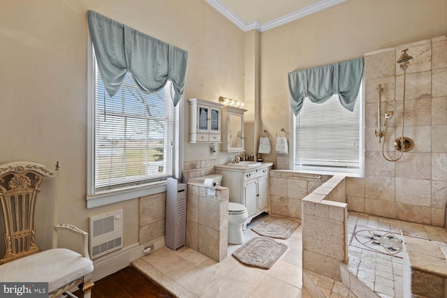 bathroom featuring walk in shower, vanity, crown molding, hardwood / wood-style flooring, and toilet