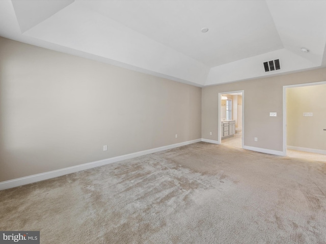 unfurnished room with light carpet and a raised ceiling