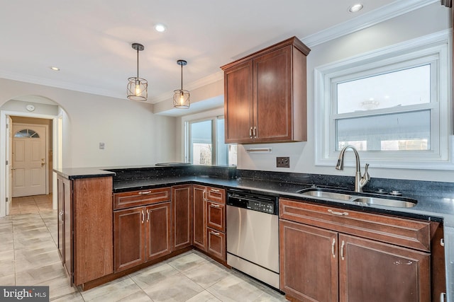 kitchen featuring dishwasher, sink, hanging light fixtures, ornamental molding, and kitchen peninsula