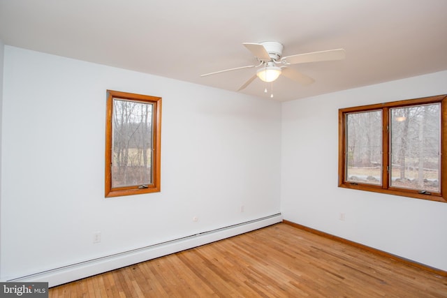 empty room featuring ceiling fan, light hardwood / wood-style flooring, and a baseboard radiator