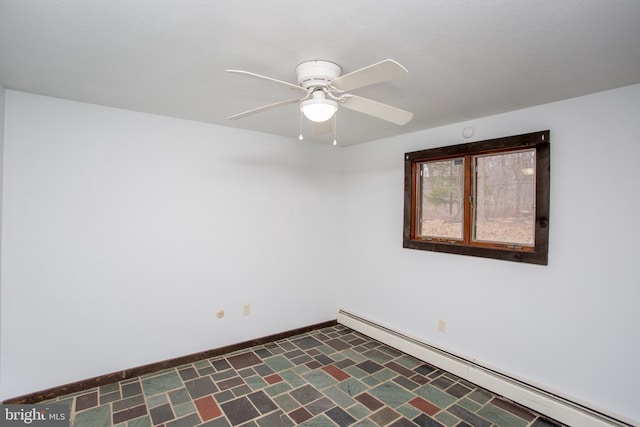 spare room featuring ceiling fan and a baseboard heating unit