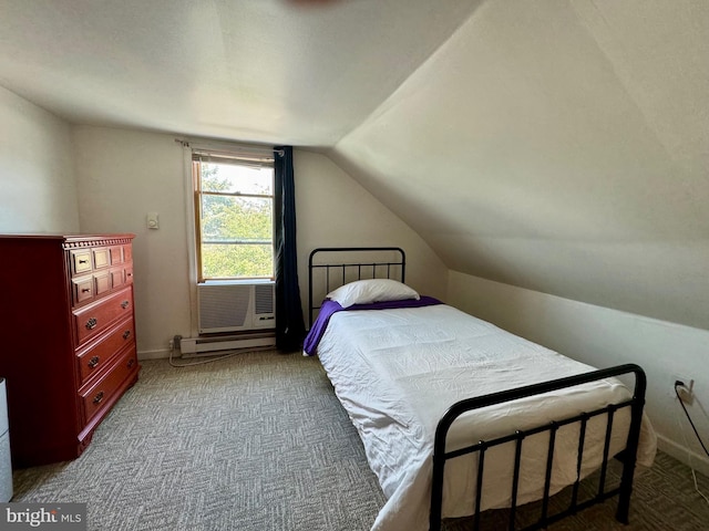 bedroom with carpet, vaulted ceiling, cooling unit, and a baseboard heating unit