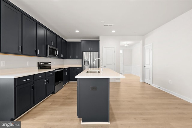 kitchen featuring a center island with sink, light hardwood / wood-style floors, sink, and stainless steel appliances