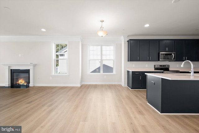 kitchen with sink, hanging light fixtures, crown molding, appliances with stainless steel finishes, and light wood-type flooring