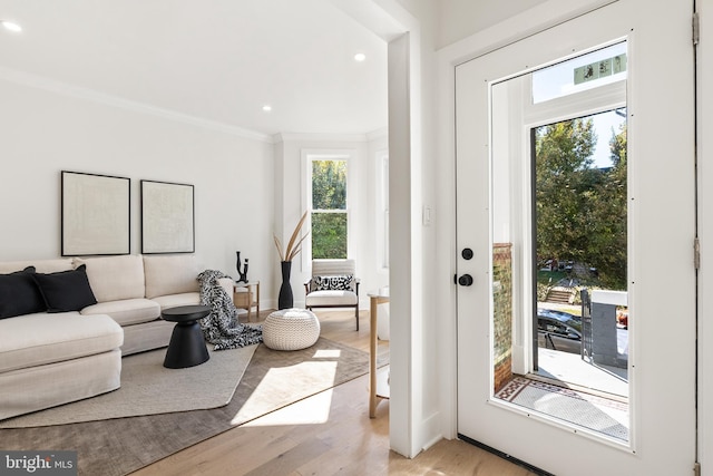 entryway featuring light hardwood / wood-style floors and crown molding