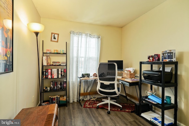 home office featuring dark wood-type flooring