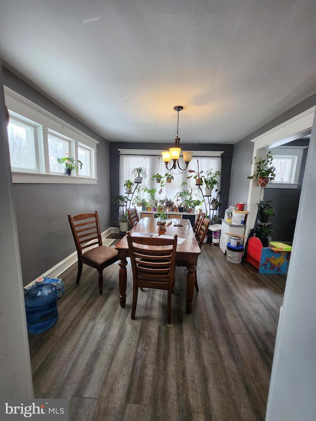 dining space featuring dark hardwood / wood-style flooring, plenty of natural light, and a notable chandelier