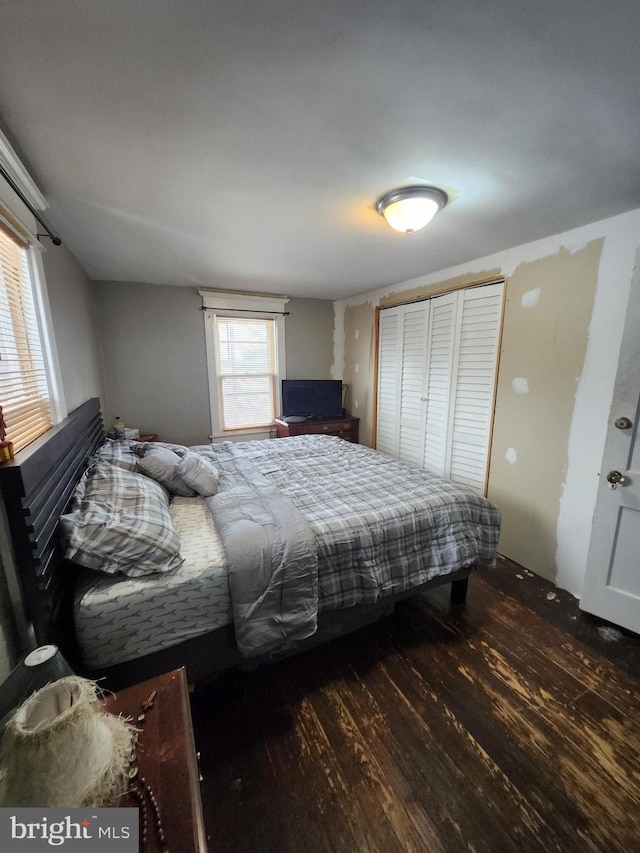 bedroom with a closet and dark hardwood / wood-style flooring