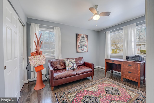 office featuring ceiling fan, plenty of natural light, and dark hardwood / wood-style flooring