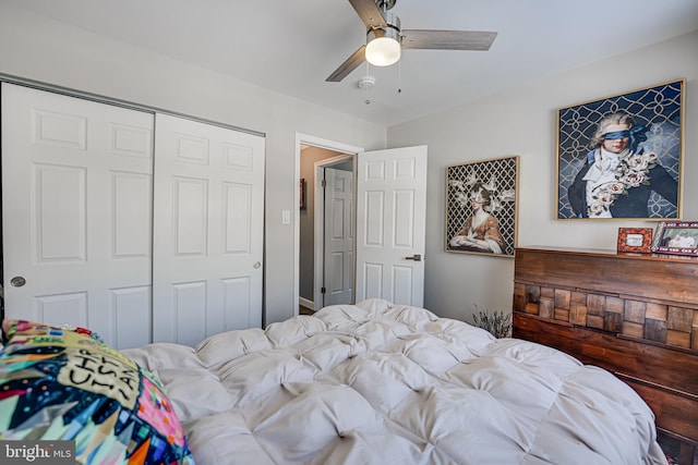 bedroom with ceiling fan and a closet