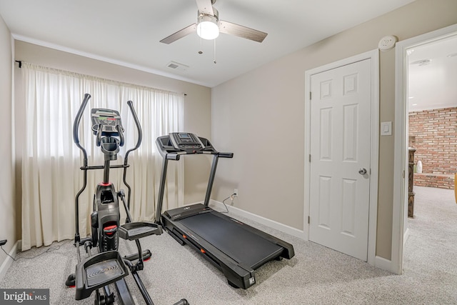 workout room featuring ceiling fan and carpet flooring