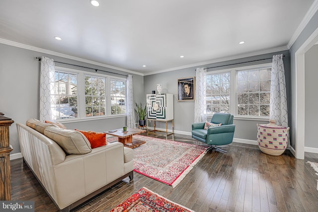 living room with crown molding and dark hardwood / wood-style flooring