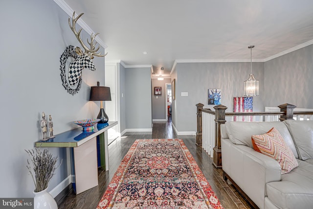 living room with dark wood-type flooring and ornamental molding