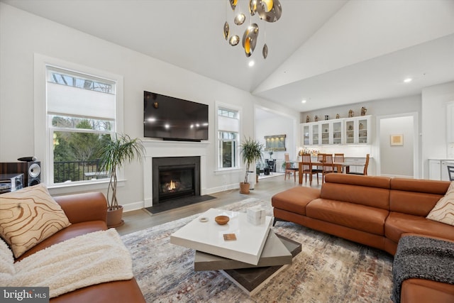 living room with hardwood / wood-style flooring and high vaulted ceiling