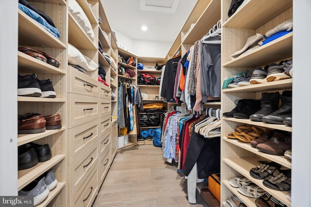 spacious closet with light hardwood / wood-style flooring