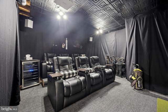 carpeted cinema with bar and beverage cooler