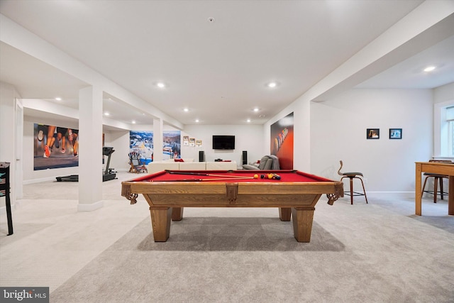 playroom with light carpet and billiards