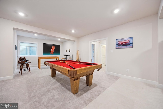 playroom featuring light colored carpet and pool table