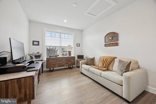 office area with light hardwood / wood-style flooring