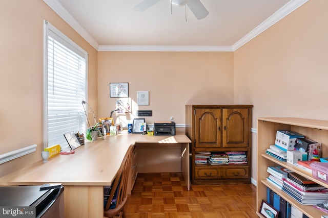 office area with ceiling fan, ornamental molding, and light parquet flooring