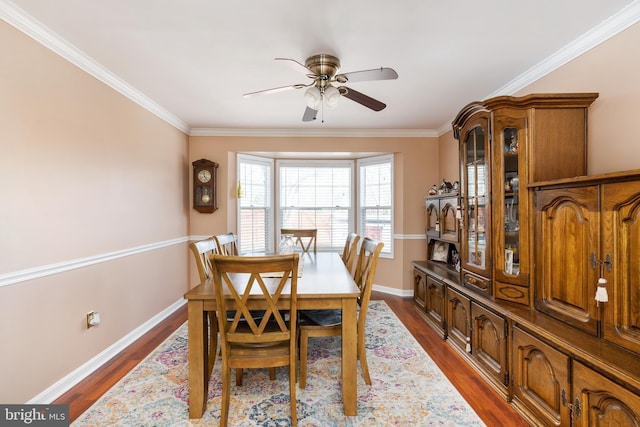 dining room featuring ceiling fan, dark hardwood / wood-style flooring, and crown molding