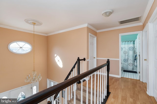 corridor featuring ornamental molding, an inviting chandelier, and light wood-type flooring