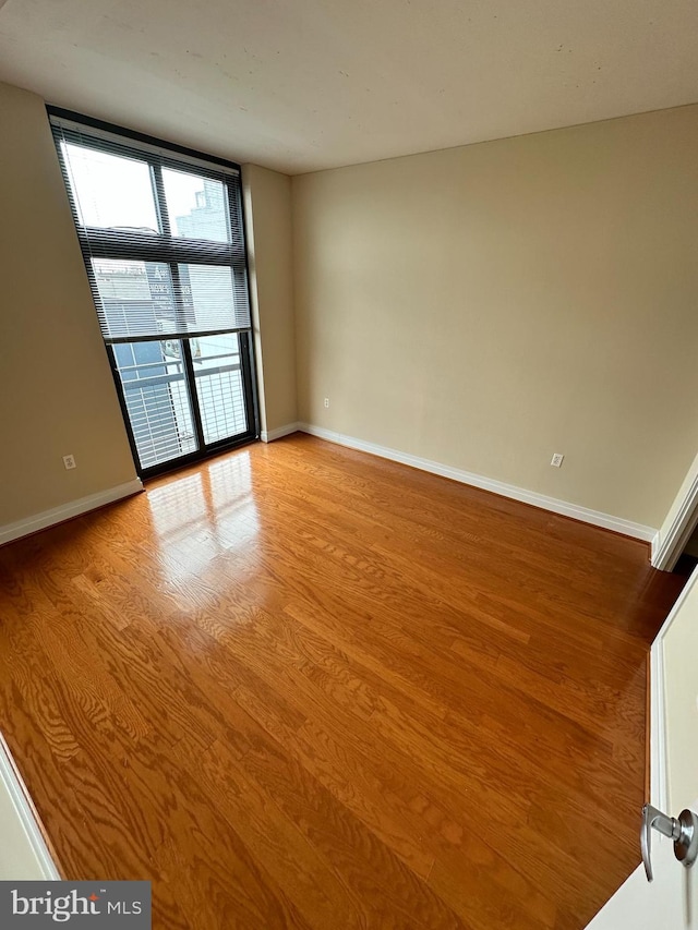 unfurnished room with a wall of windows and light wood-type flooring