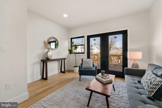 living room featuring french doors and light wood-type flooring