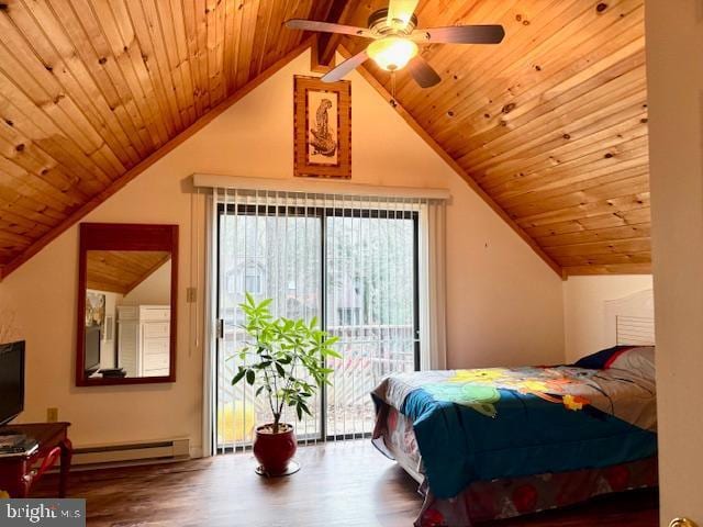 bedroom with hardwood / wood-style floors, ceiling fan, access to exterior, baseboard heating, and wood ceiling