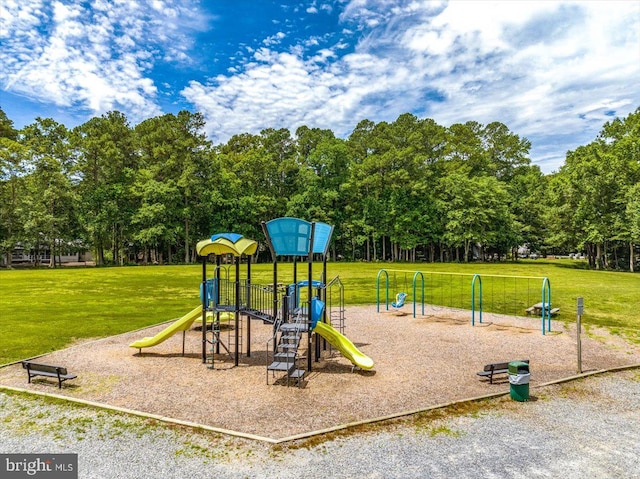 view of play area featuring a lawn