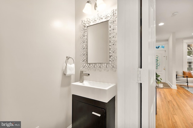 bathroom with wood-type flooring and vanity