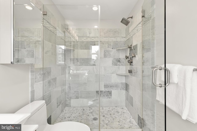 bathroom featuring vanity, an enclosed shower, and toilet