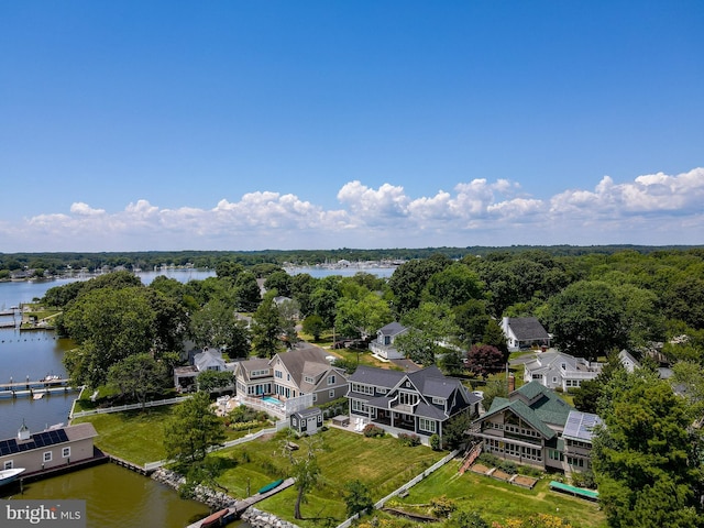 drone / aerial view featuring a water view