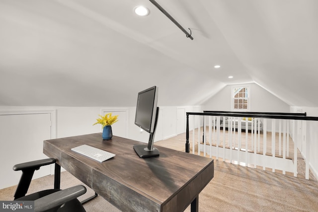 office space featuring recessed lighting, lofted ceiling, and carpet floors