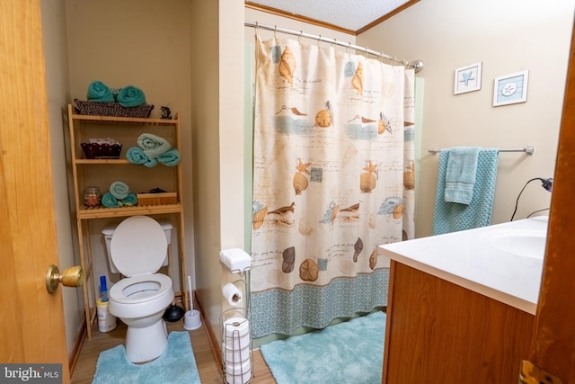 bathroom featuring vanity, curtained shower, toilet, and wood-type flooring