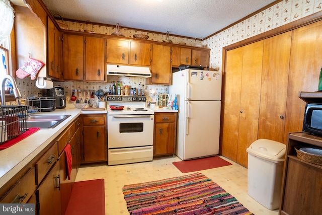 kitchen with a textured ceiling, sink, and white appliances