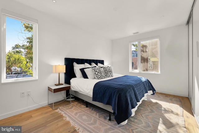 bedroom featuring multiple windows and hardwood / wood-style flooring